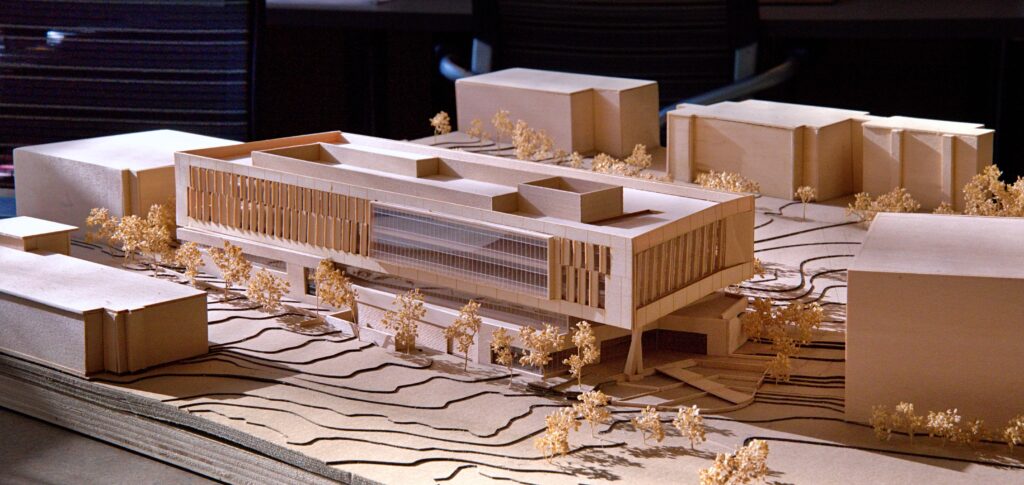An architectural model of the Fitts-Woolard building.